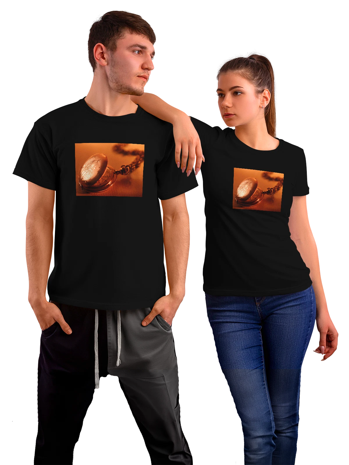 Футболка Карманные часы чёрная с принтом — авторский рисунок — Чёрная, фото 1