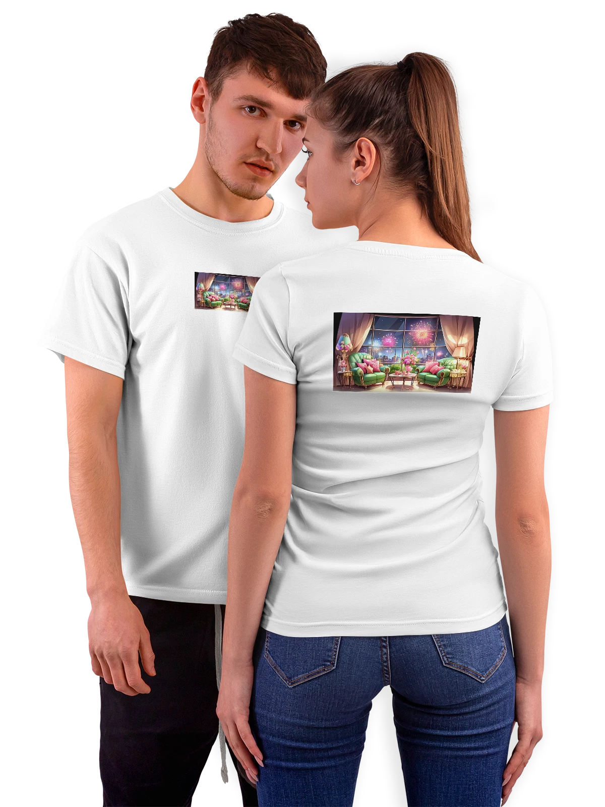 Футболка Уютная гостиная с фейерверками и цветами белая с принтом на спине — лампа — Белая, фото 1