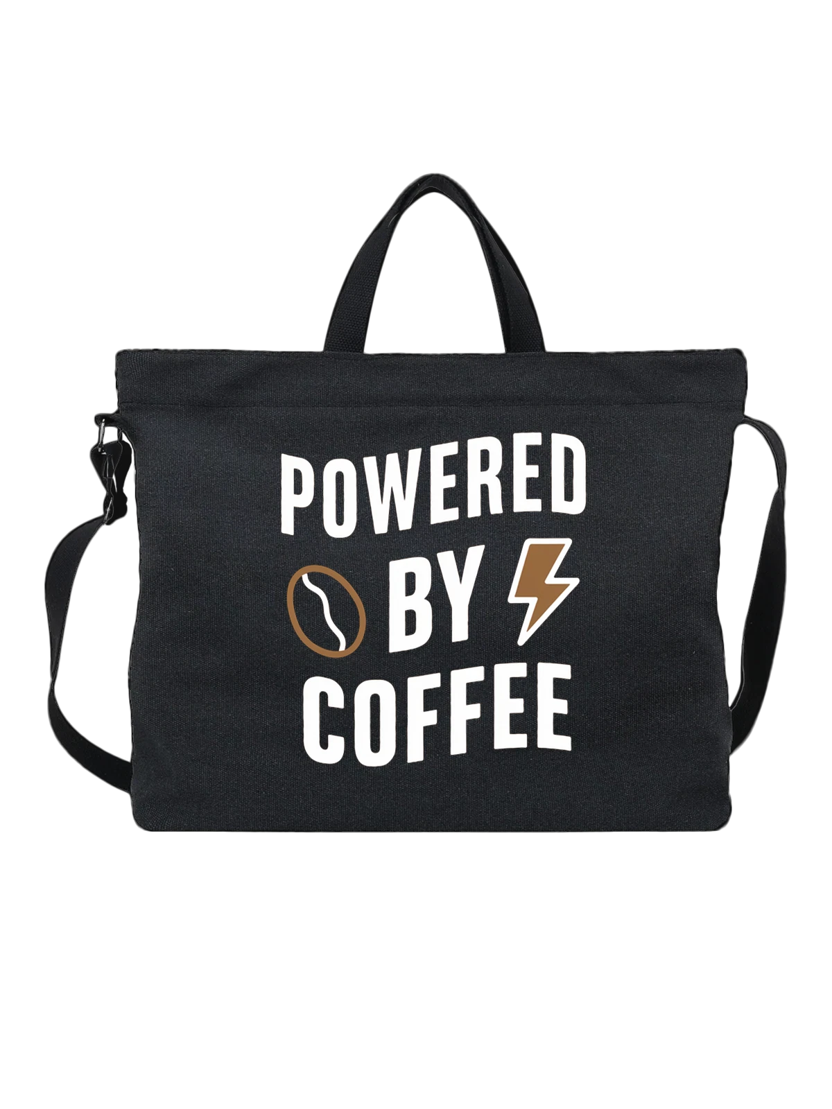 Сумка чёрная с принтом с надписью Powered by Coffee и зерном — зерно кофе — Чёрная, фото 1