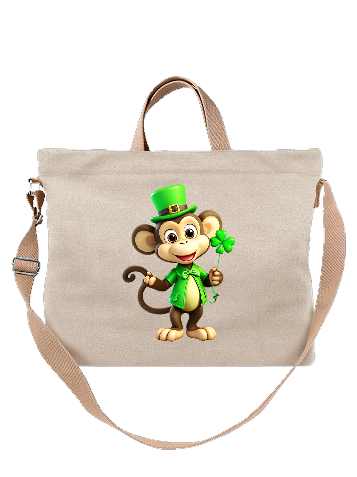 Сумка Обезьянка в зеленом костюме с клевером белая с принтом — зеленый жилет — Белая, фото 1