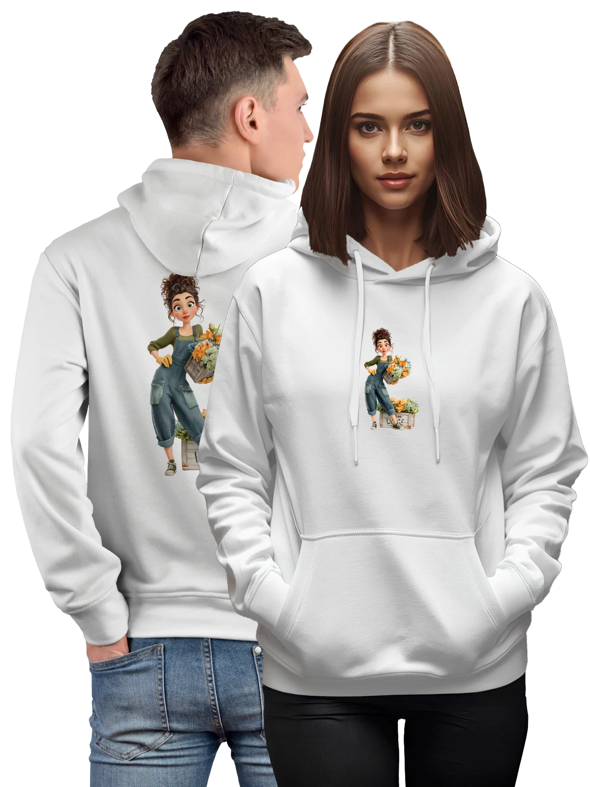 Худи Девушка-флорист с гортензиями в комбинезоне белое с принтом — комбинезон — Белая, фото 1