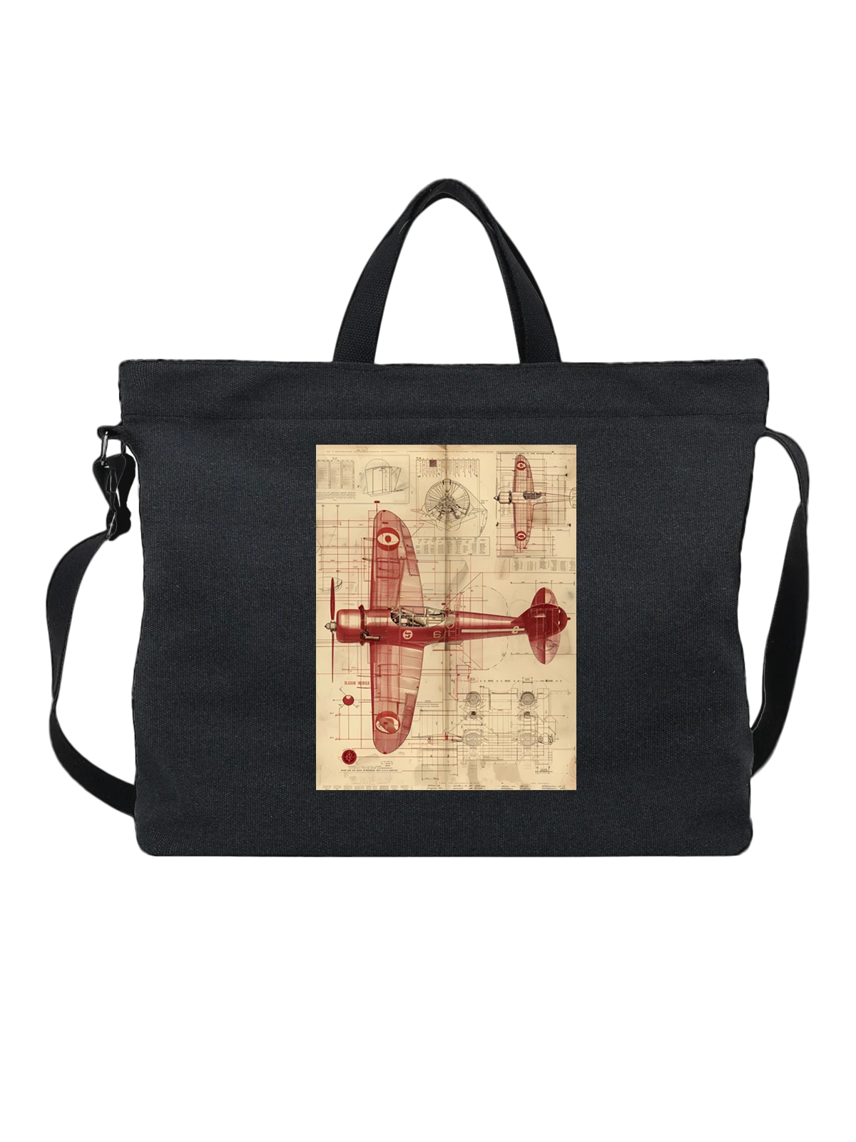 Сумка чёрная с принтом Красный чертеж военного самолета истребителя с — кабина пилота — Чёрная, фото 1
