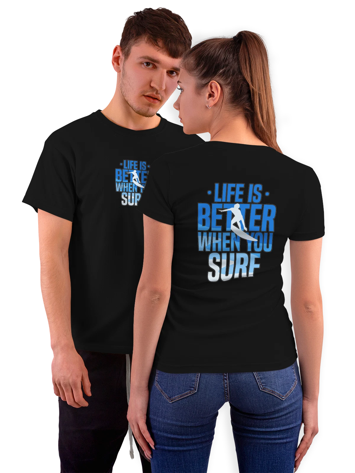 Футболка Серфер на волне с надписью SURF BOARD чёрная с принтом на спине — surfing board — Чёрная, фото 1