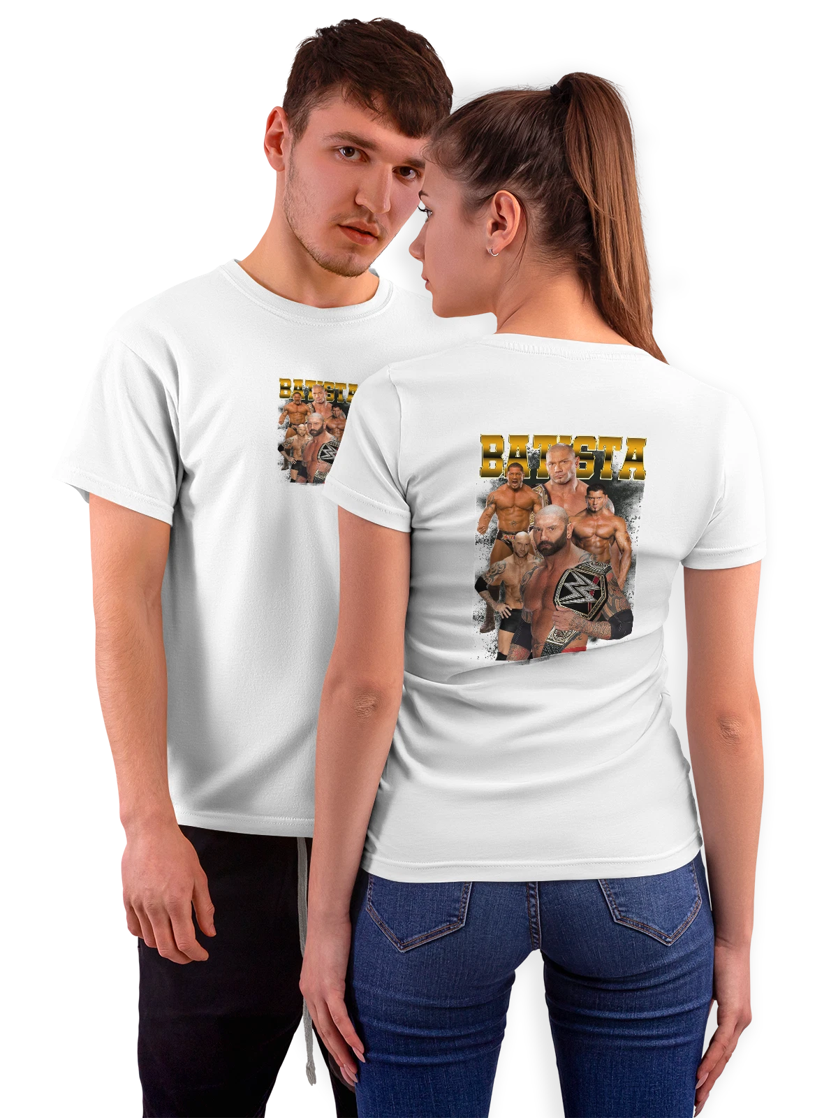 Футболка Батиста и рестлеры WWE с чемпионским поясом белая с принтом на спине — WWE чемпион — Белая, фото 1