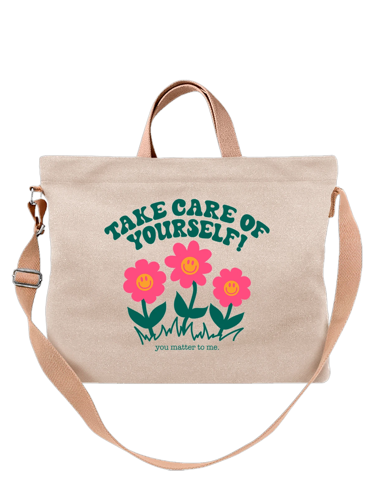 Сумка с цветами take care of yourself белая с принтом — подарок любителю цветов — Белая, фото 1