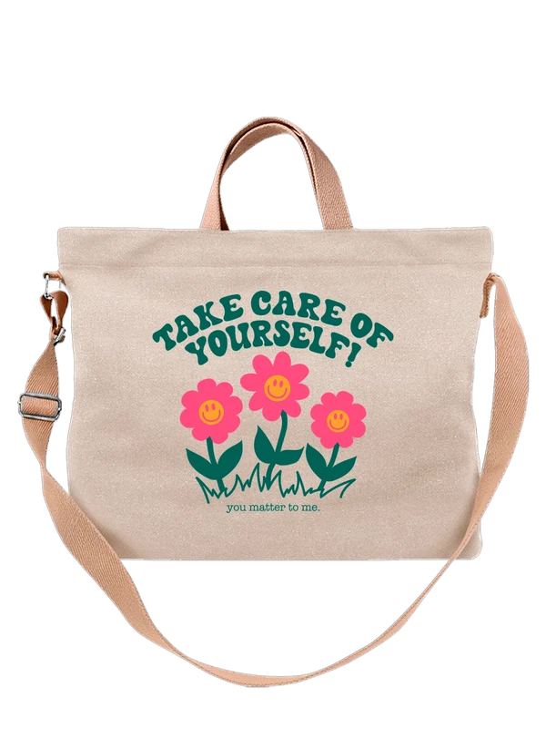 Сумка с цветами take care of yourself — Белая, фото 1