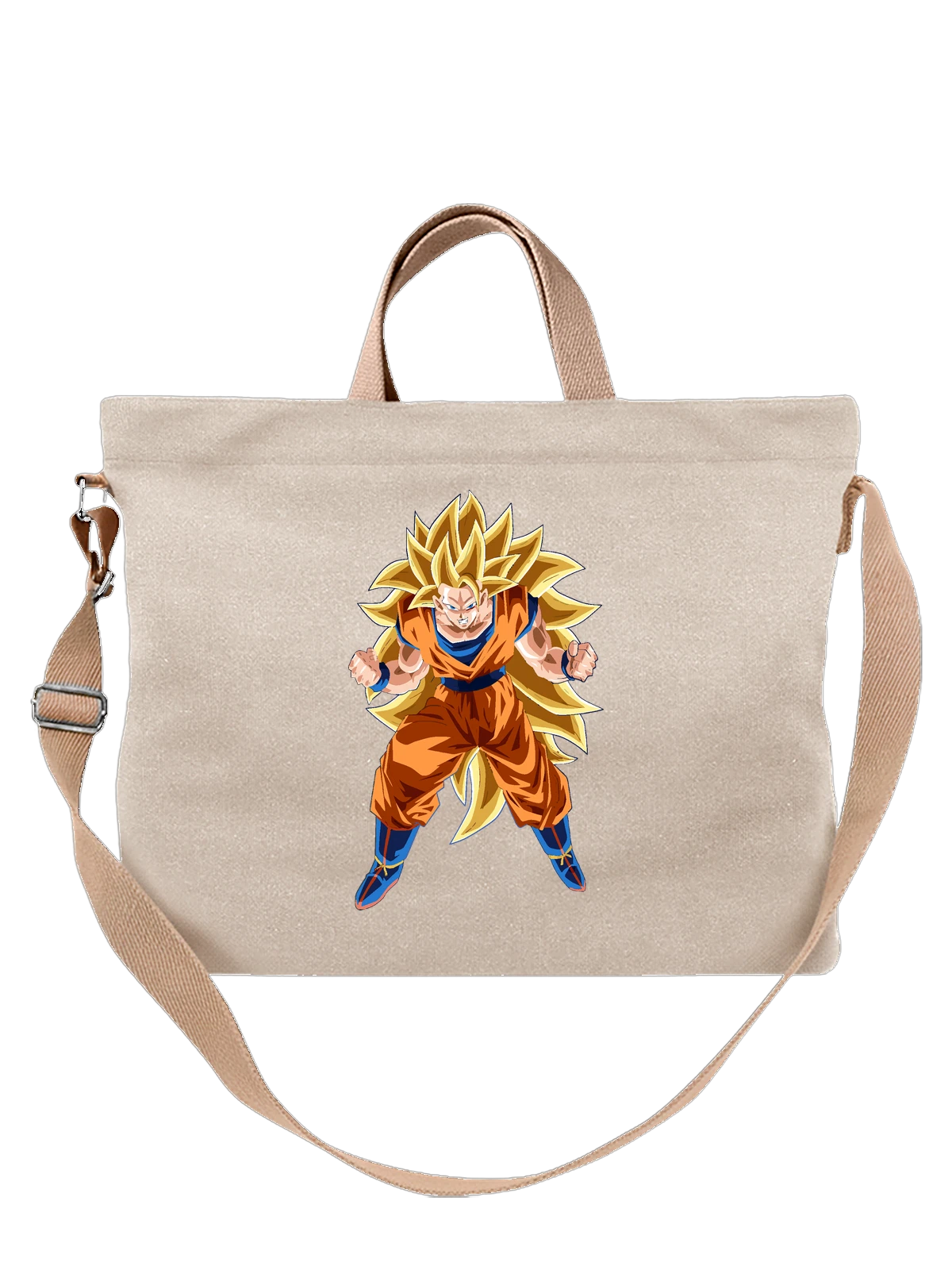 Сумка бежевая с принтом Супер Сайян Гоку в боевой стойке Dragon Ball — мощная поза — Бежевая, фото 1