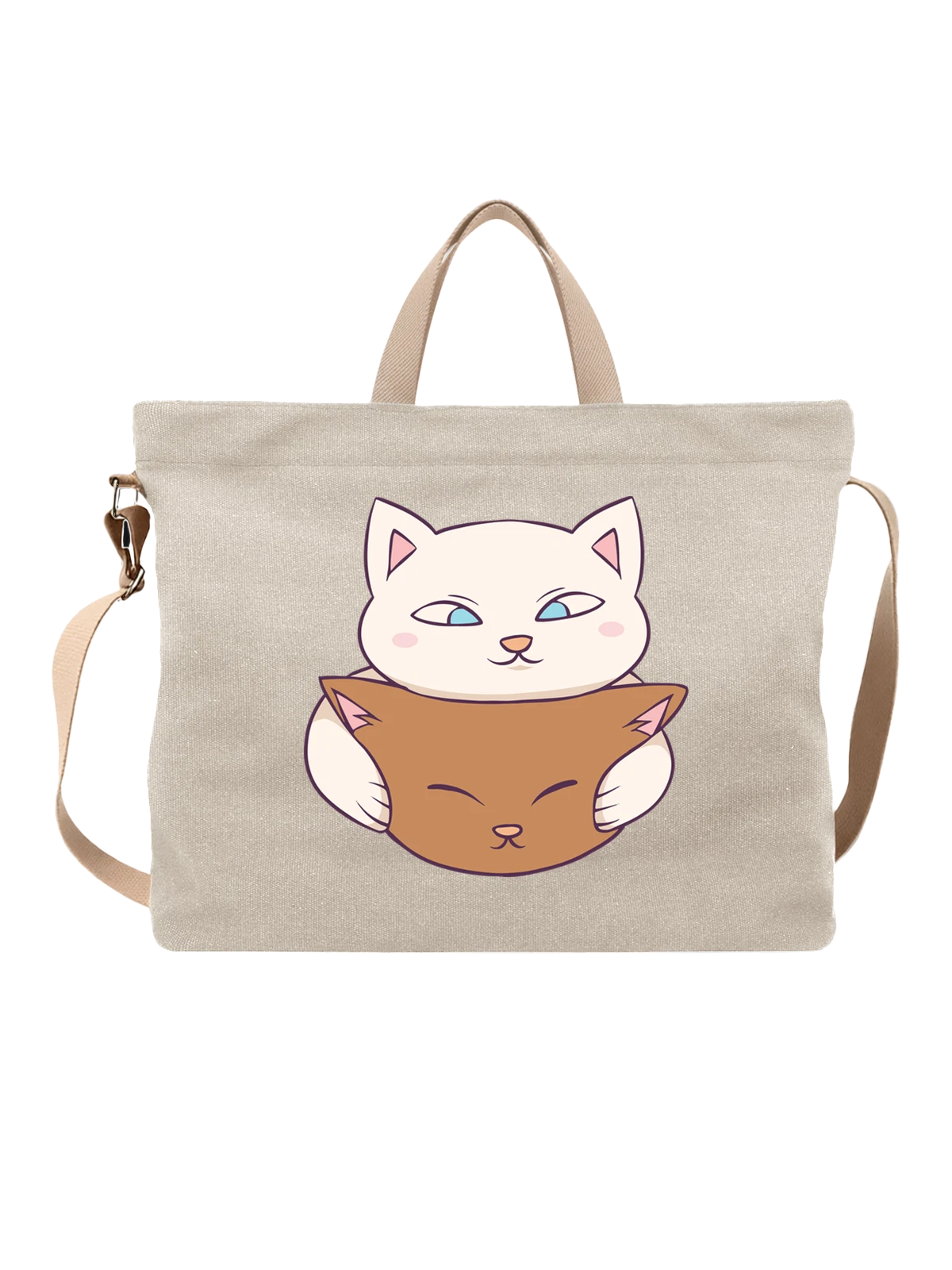 Сумка бежевая с принтом кот с подушкой и голубыми глазами — kawaii cat — Бежевая, фото 1