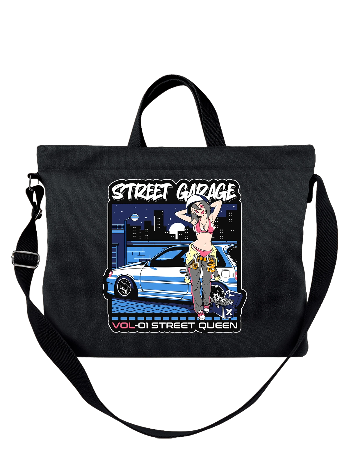 Сумка Аниме девушка street garage чёрная с принтом — дорога — Чёрная, фото 1