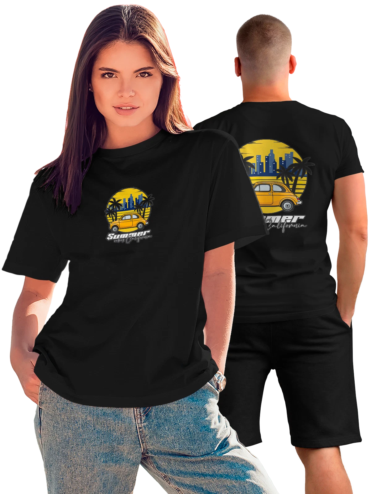 Футболка Автомобиль жук summer vibes California чёрная с принтом на спине — подарок любителю природы — Чёрная, фото 1