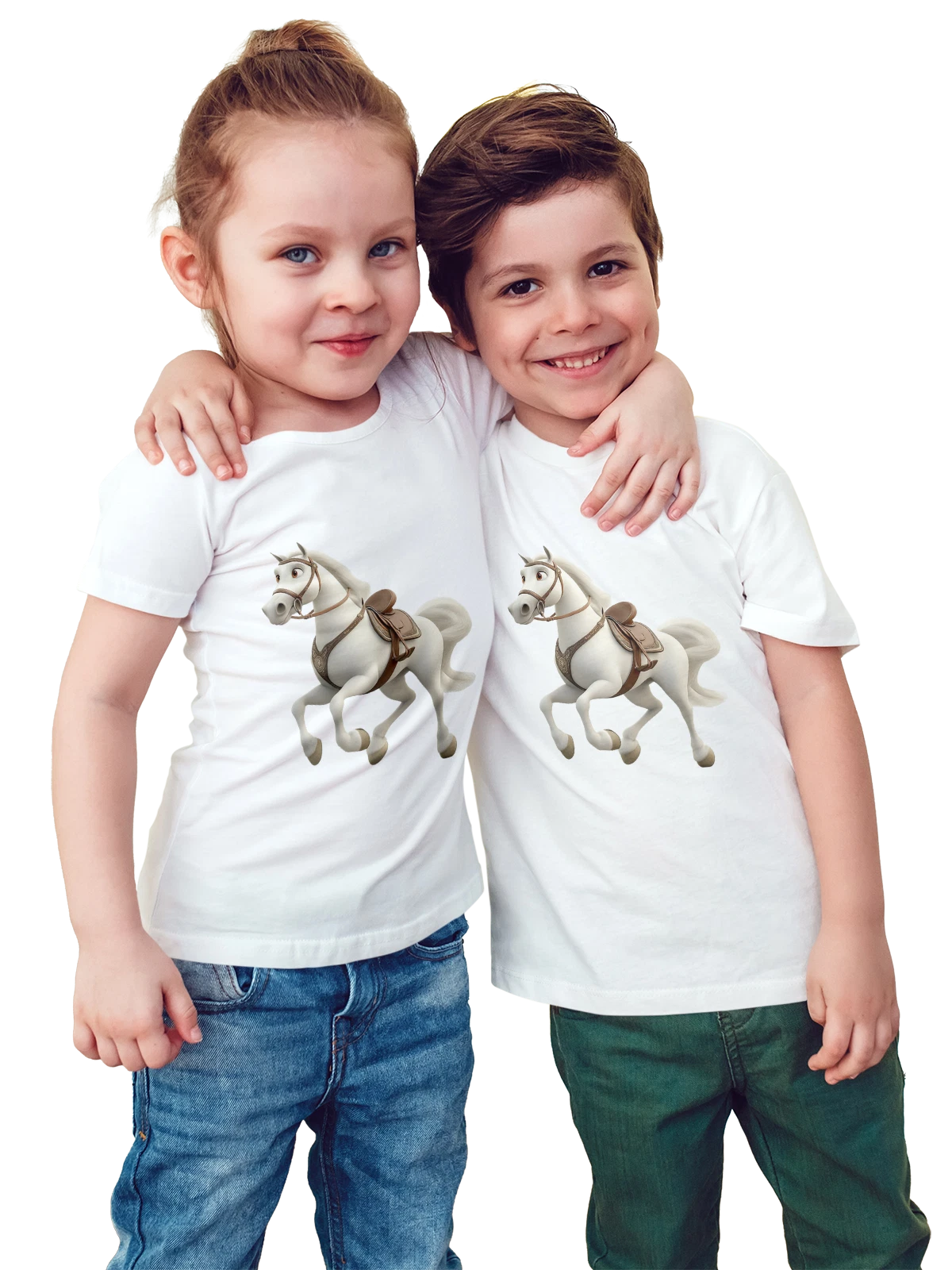 Футболка детская Белая лошадь с седлом и уздечкой белая с принтом — упряжь — Белая, фото 1