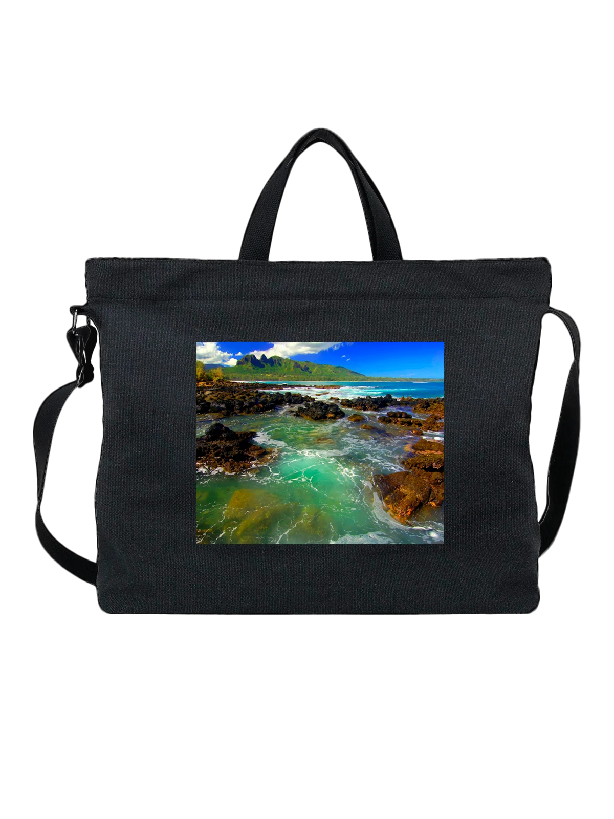 Сумка чёрная с принтом Страна Kong Mountain Seascape Kauai — путешествия по городам — Чёрная, фото 1