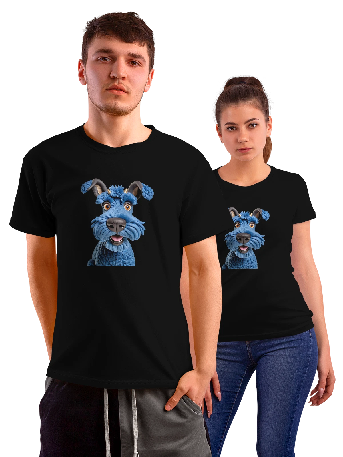 Футболка с синим мультяшным терьером в очках чёрная с принтом — мокрый нос — Чёрная, фото 1