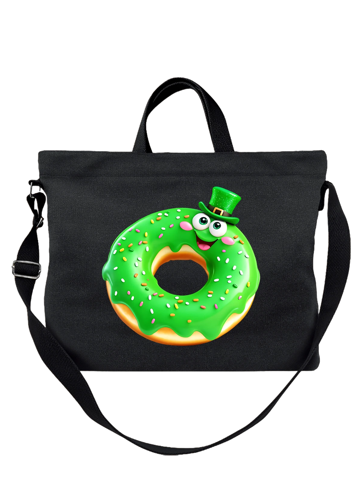 Сумка Зеленый пончик в шляпе лепрекона чёрная с принтом — сахарная глазурь — Чёрная, фото 1