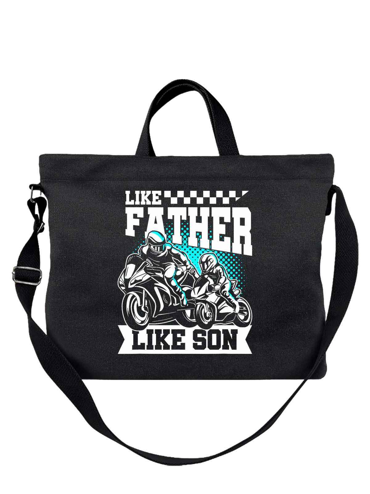 Сумка Like Father мотоциклисты отец и сын на байках чёрная с принтом — байк — Чёрная, фото 1