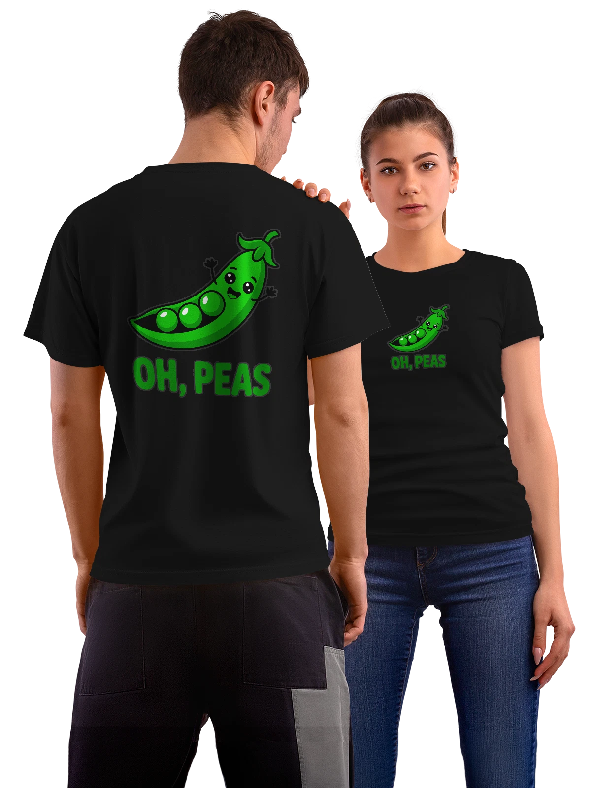 Футболка с улыбающимся зеленым горошком Peas чёрная с принтом на спине — овощной принт — Чёрная, фото 1