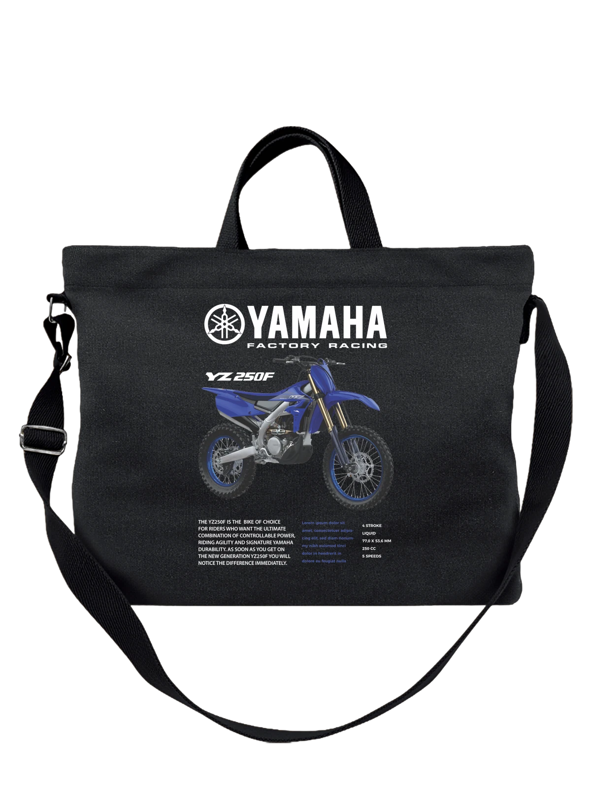 Сумка чёрная с принтом Yamaha YZ синяя мотокросс мотоцикл — мотоцикл для бездорожья — Чёрная, фото 1