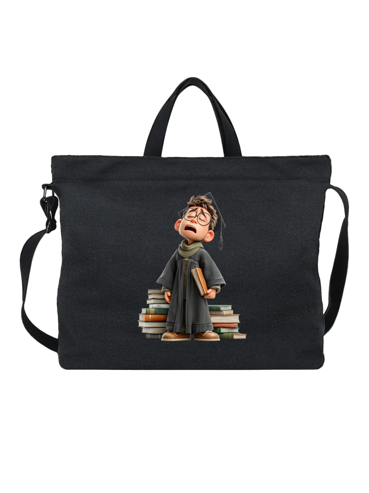 Сумка чёрная с принтом Выпускник с книгами и шапочкой — университет — Чёрная, фото 1