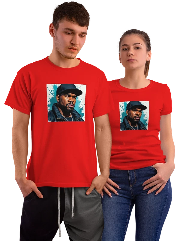 Футболка 50 Cent в черной кепке и цепочке на фоне брызг — Красная, фото 1