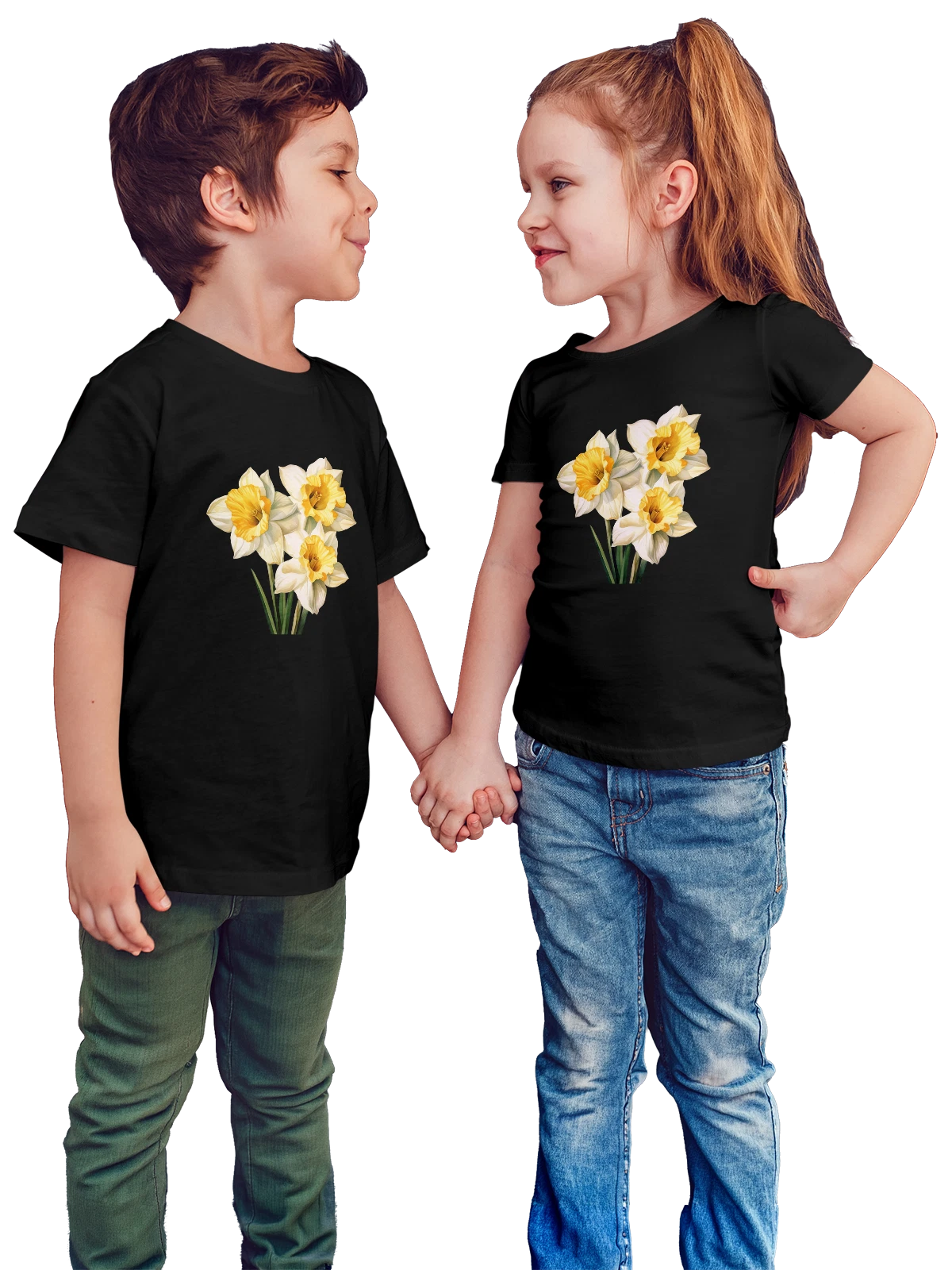 Футболка детская с букетом бело-желтых нарциссов чёрная с принтом — акварель — Чёрная, фото 1