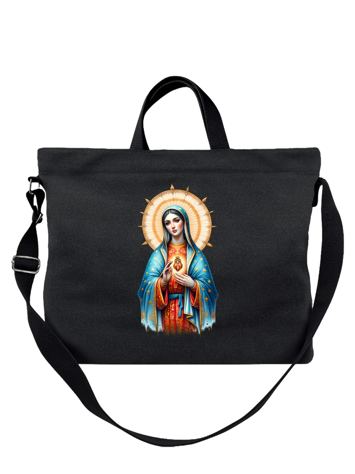 Сумка чёрная с принтом Virgin Mary в голубом одеянии с нимбом — halo — Чёрная, фото 1