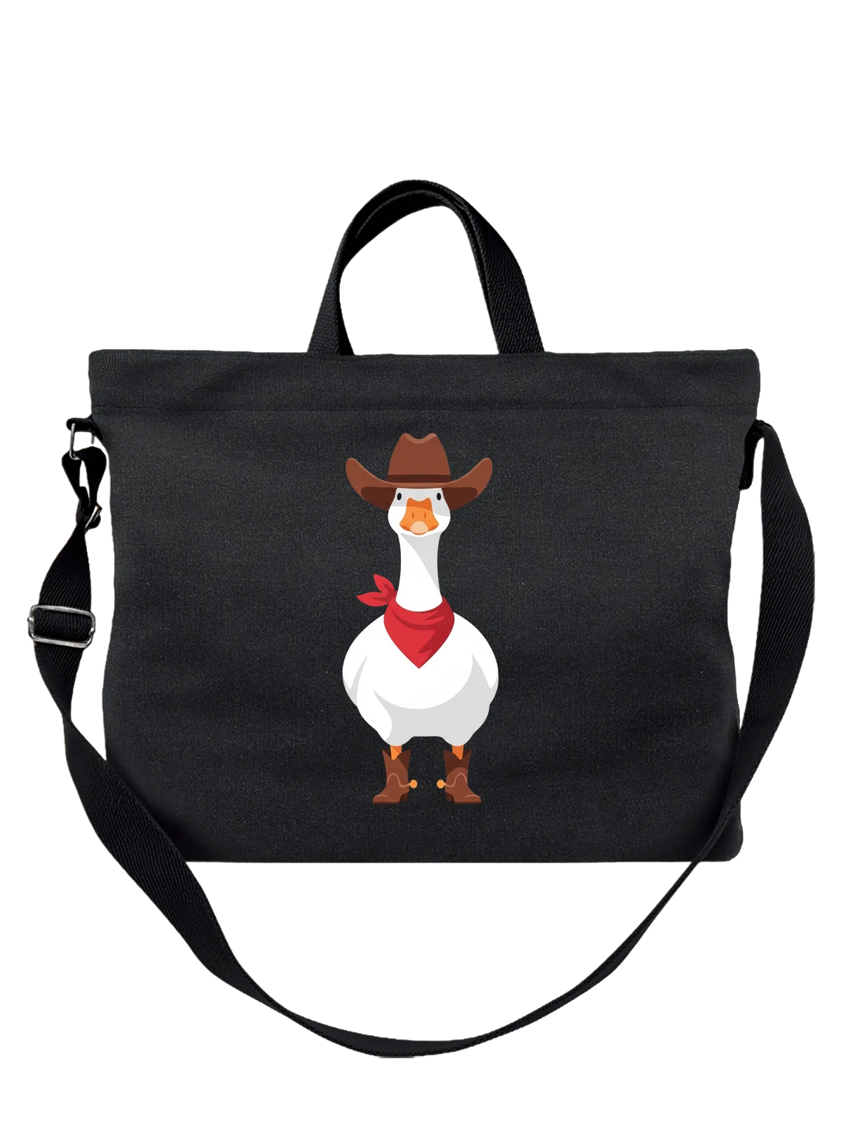 Сумка чёрная с принтом Белая утка-ковбой в шляпе и сапогах — duck — Чёрная, фото 1