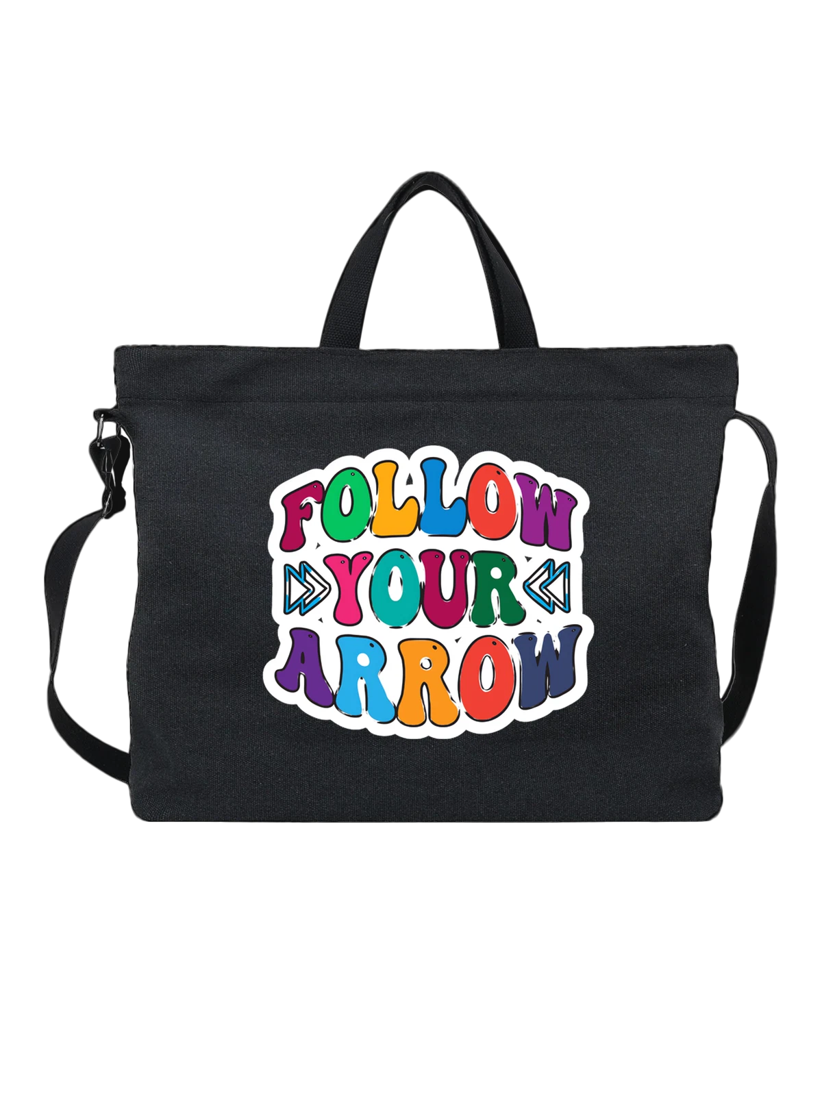 Сумка чёрная с принтом Follow Your Arrow разноцветная надпись — арт надпись — Чёрная, фото 1