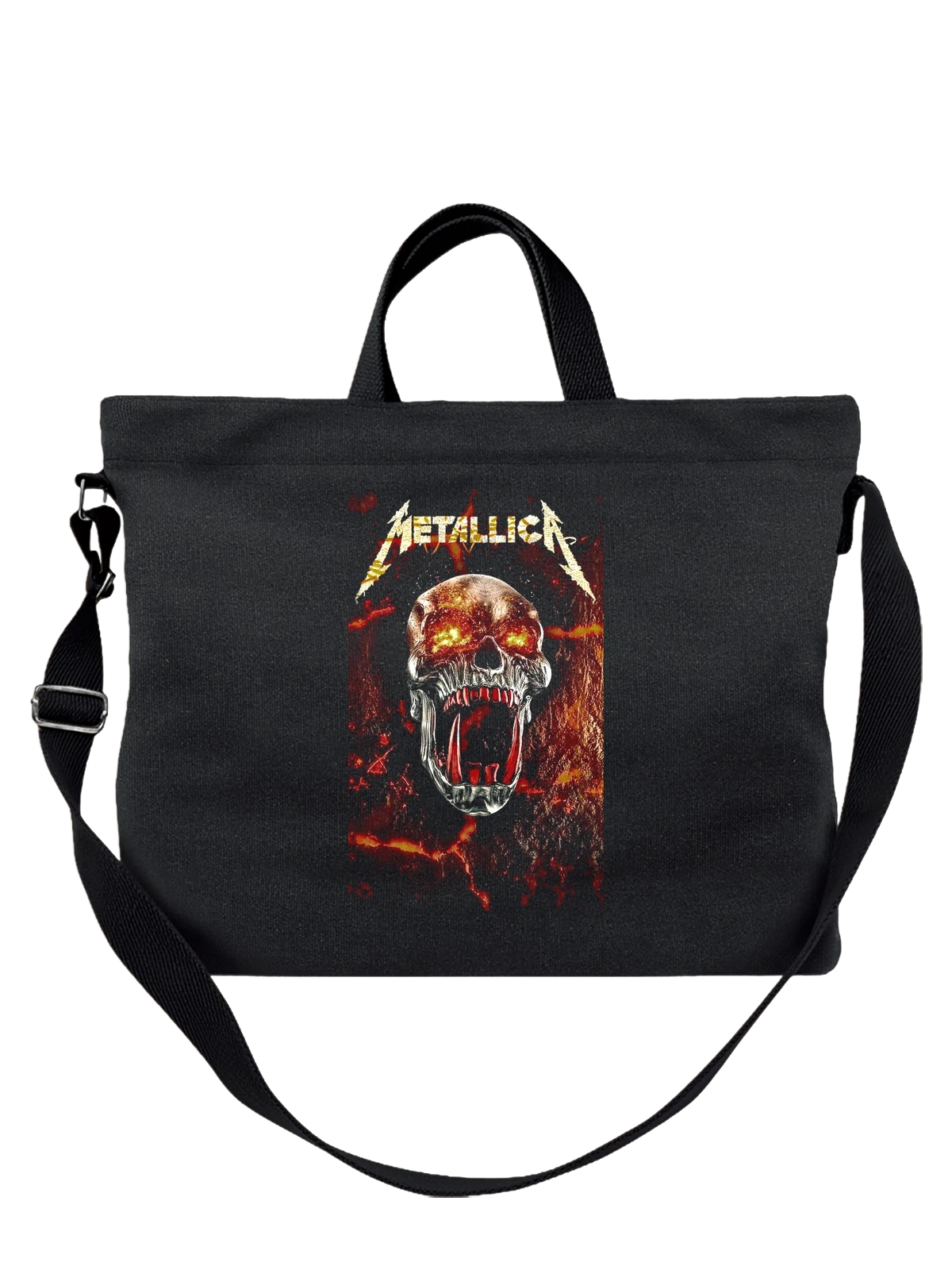 Сумка чёрная с принтом Metallica с огненным черепом и клыками — рок группа — Чёрная, фото 1
