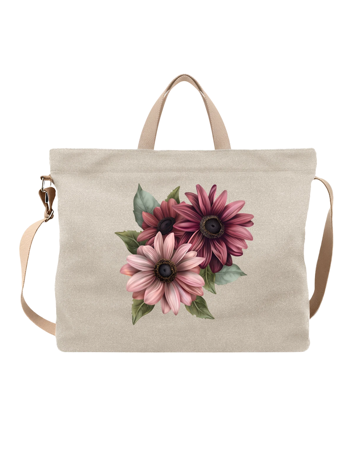 Сумка бежевая с принтом с gerbera bouquet розовых и бордовых гербер — зеленые листья — Бежевая, фото 1