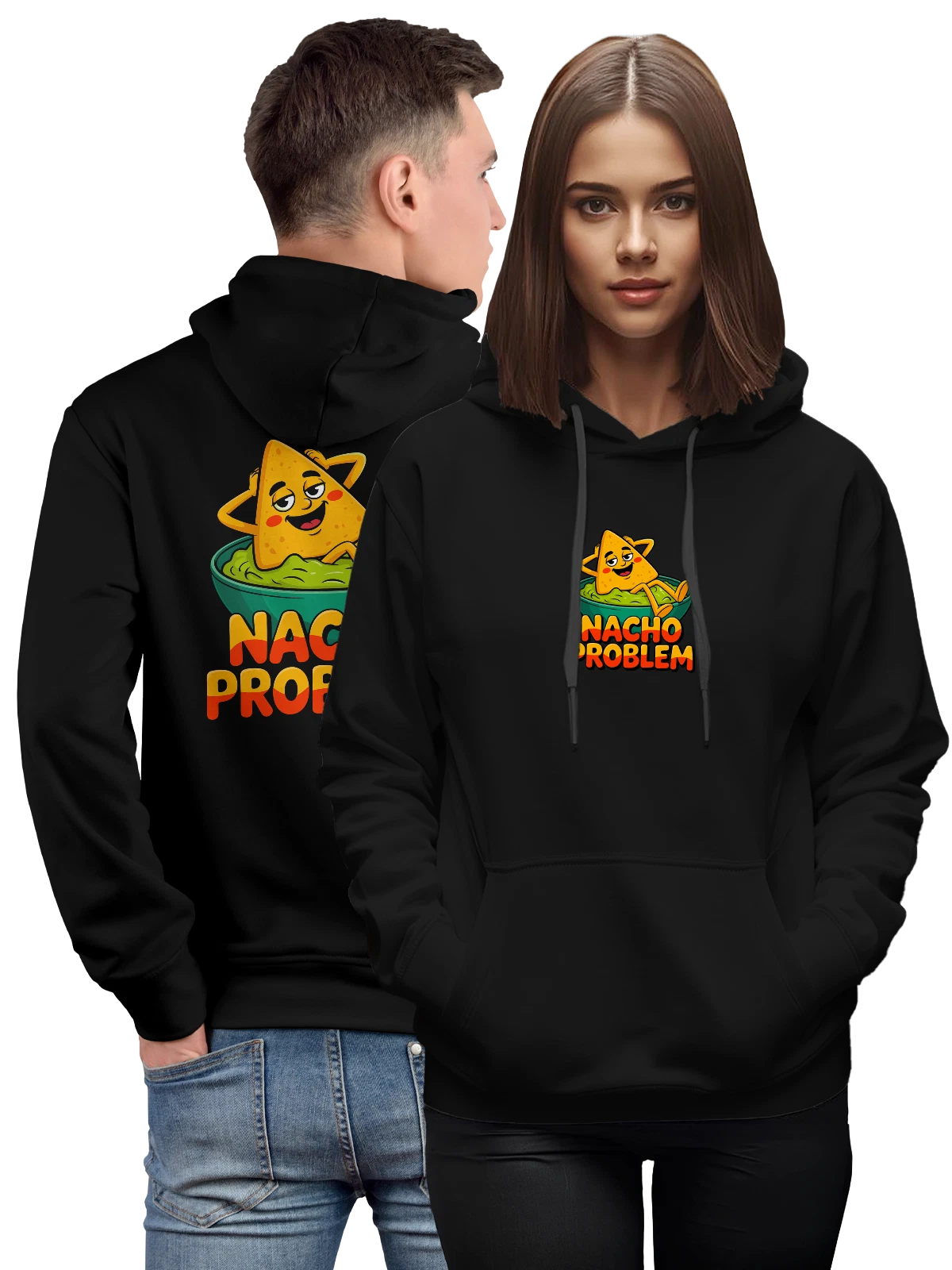 Худи с начос в миске и надписью Nacho Problem чёрное с принтом — сырные начос — Чёрная, фото 1