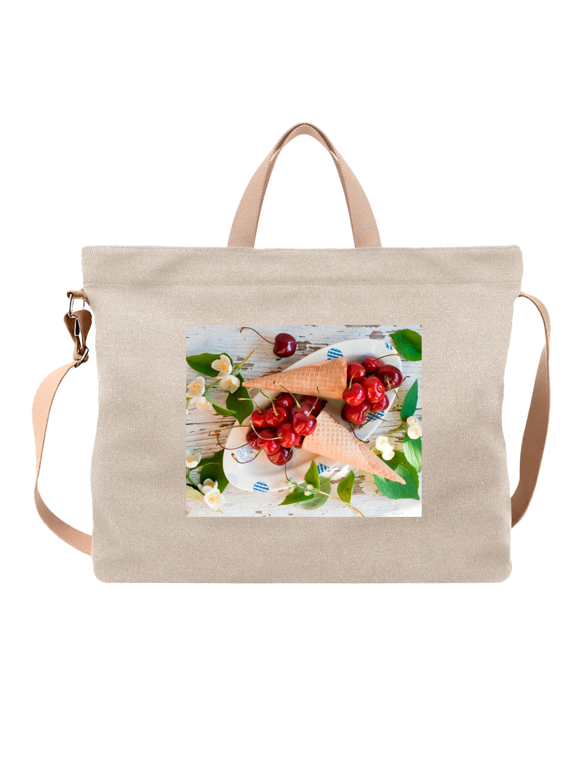 Сумка бежевая с принтом на кухню Еда Вишни тарелке — любителю кофе — Бежевая, фото 1