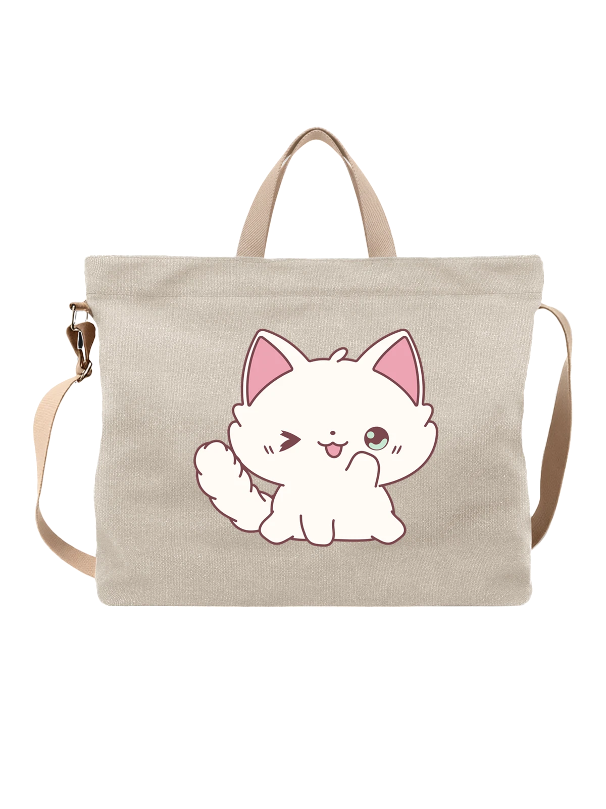 Сумка бежевая с принтом котенок kawaii с подмигиванием — kawaii — Бежевая, фото 1
