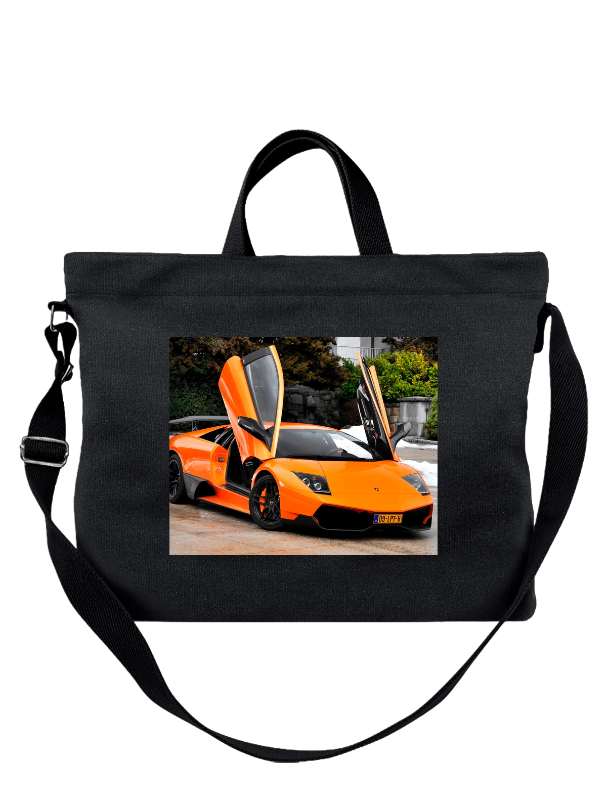 Сумка чёрная с принтом Машина оранжевая lamborghini1 — современная машина — Чёрная, фото 1