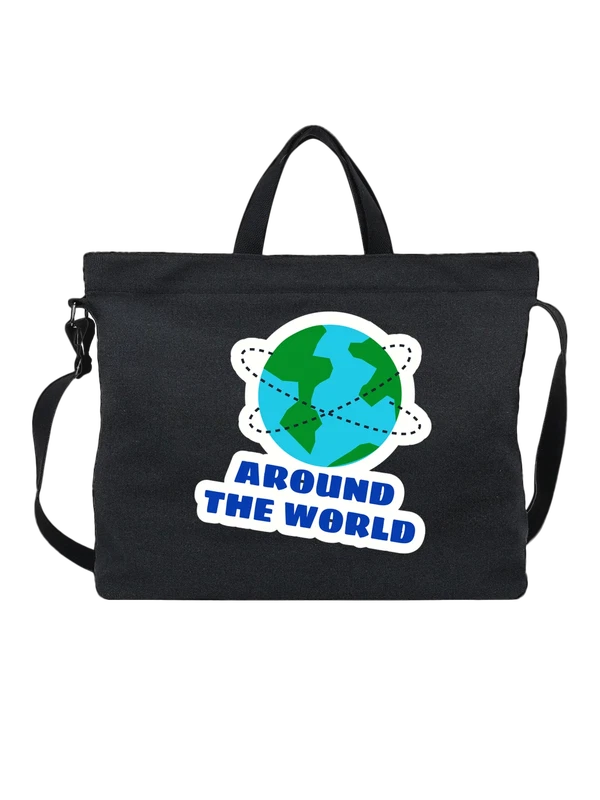 Сумка чёрная с принтом Земля вокруг света надпись Around the World — Чёрная, фото 1