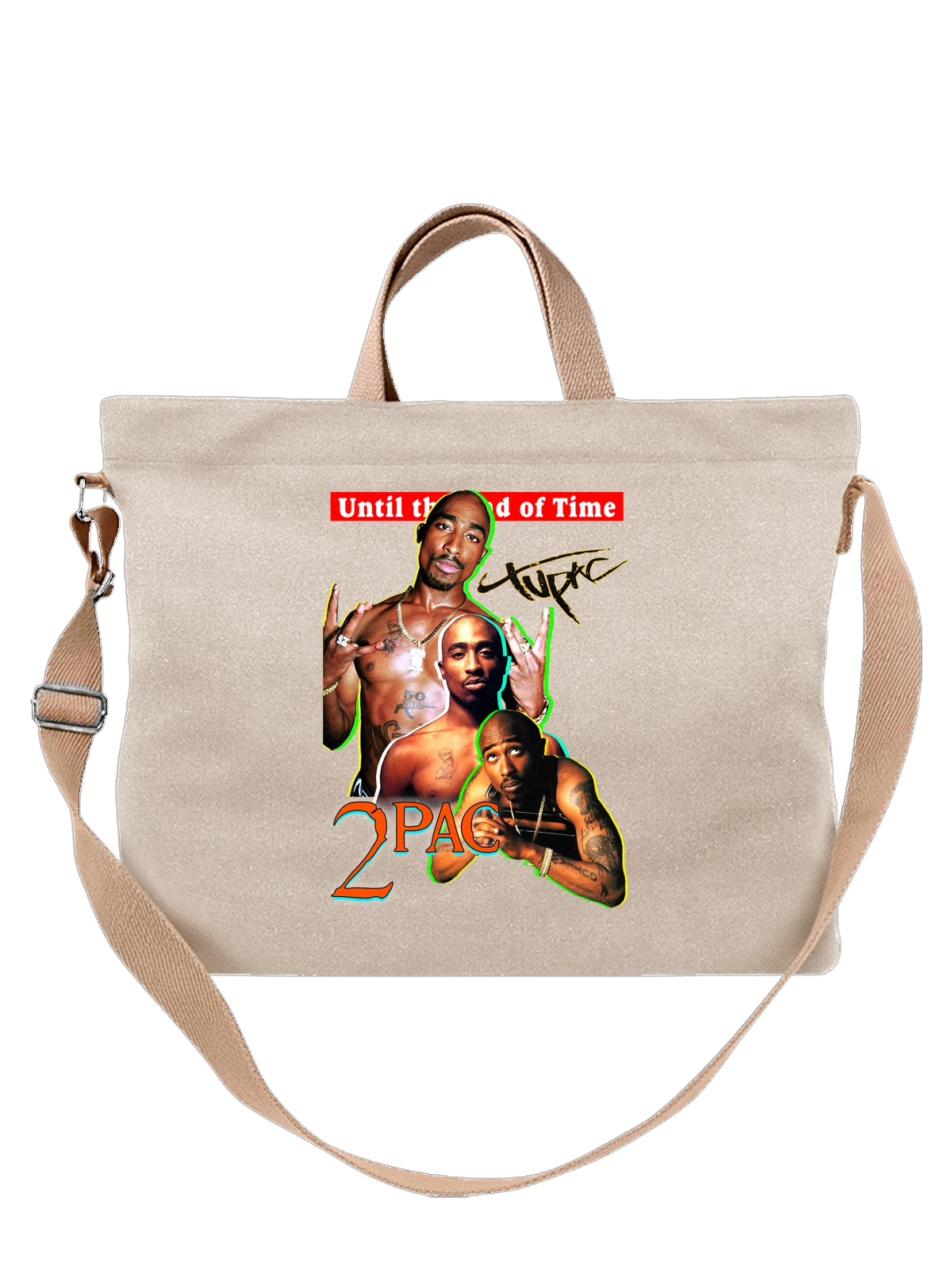 Сумка бежевая с принтом Тупак Шакур с коллажем портретов 2Pac — американский рэпер — Бежевая, фото 1