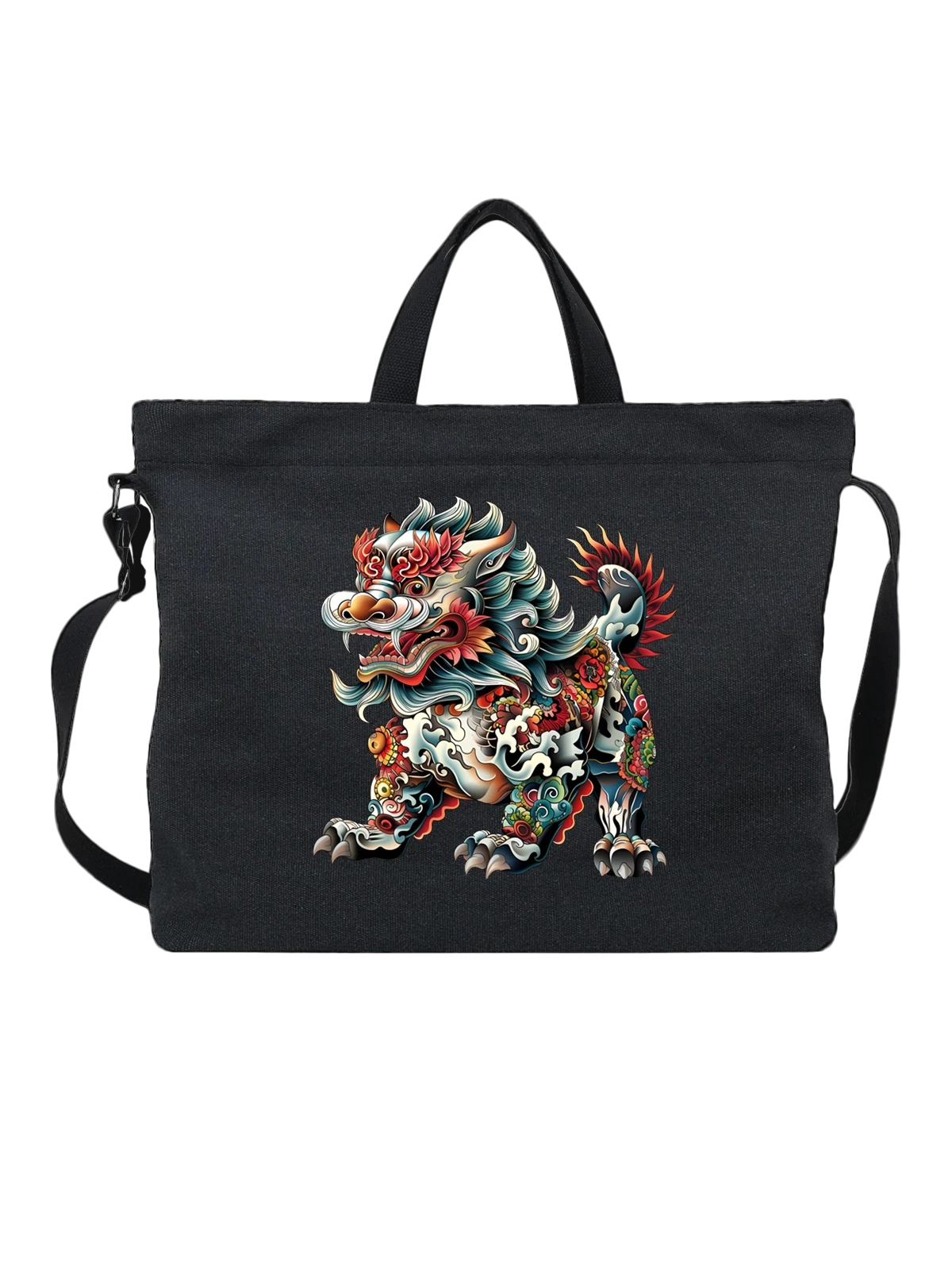 Сумка чёрная с принтом с dragon lion и цветочным орнаментом — floral ornament — Чёрная, фото 1