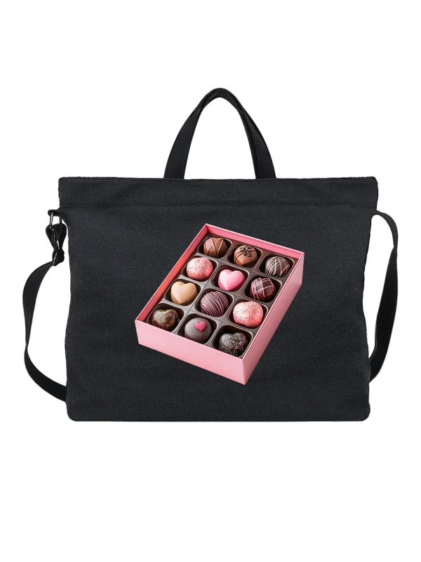 Сумка чёрная с принтом Коробка шоколадных конфет сердец — Чёрная, фото 1