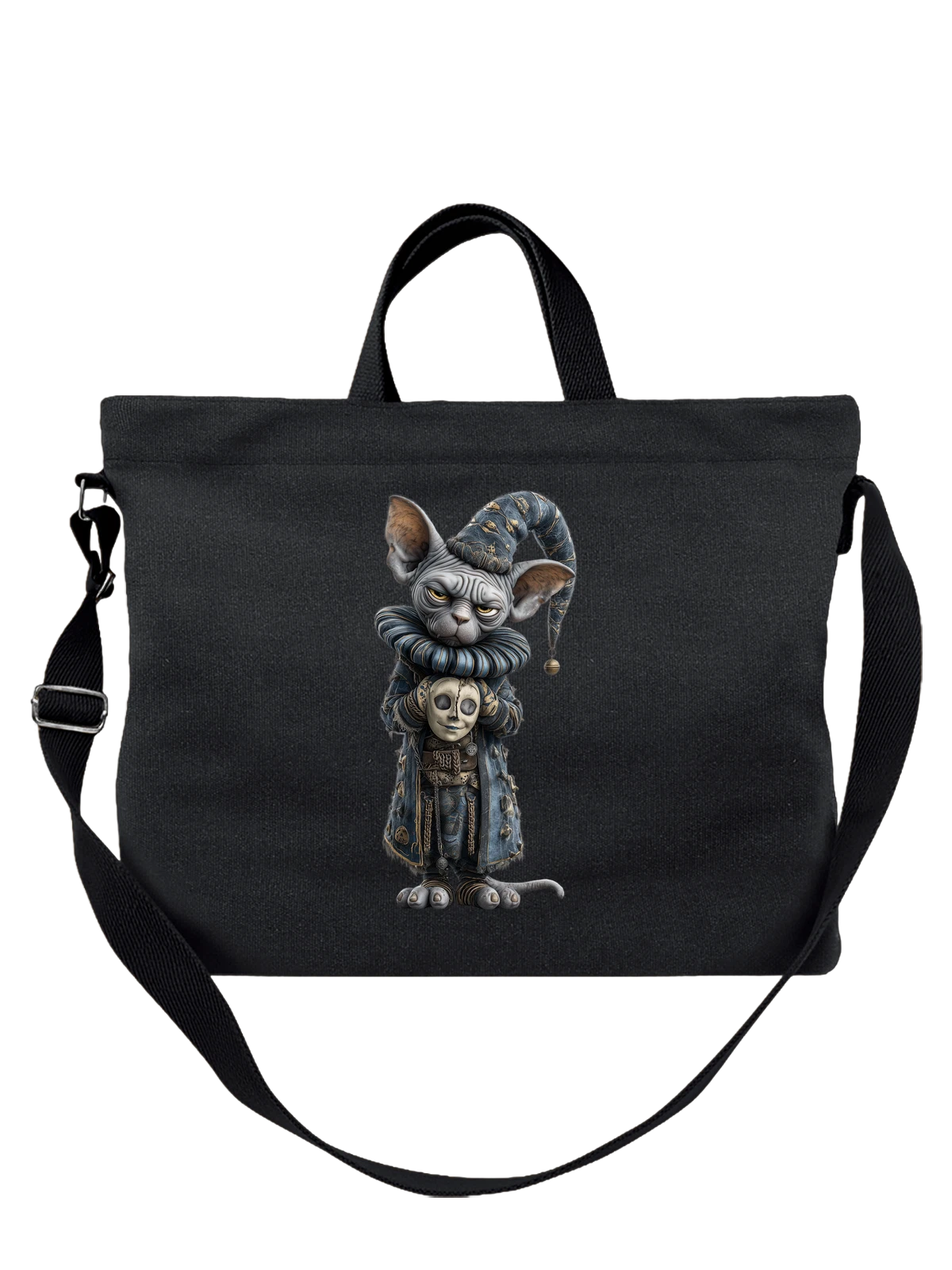 Сумка чёрная с принтом Фантазийный сфинкс с маской куклы — fantasy sphynx — Чёрная, фото 1