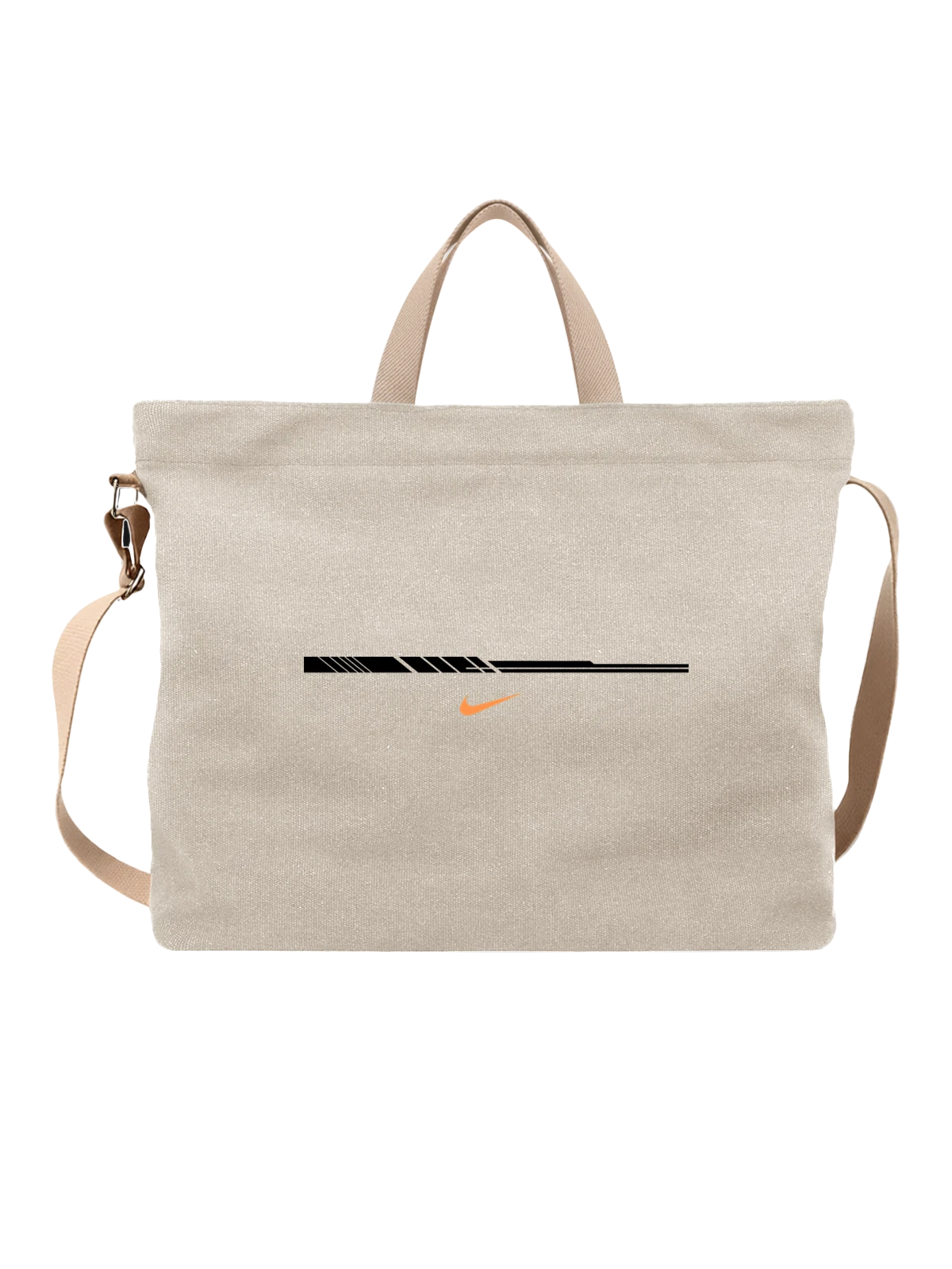 Сумка бежевая с принтом Nike с оранжевым логотипом Swoosh на черном фоне — брендовый логотип — Бежевая, фото 1