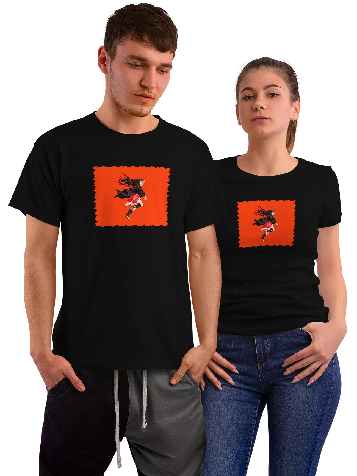 Футболка Минимализм Эстетика Nezuko Kamado Orange чёрная с принтом — контрастный принт — Чёрная, фото 1