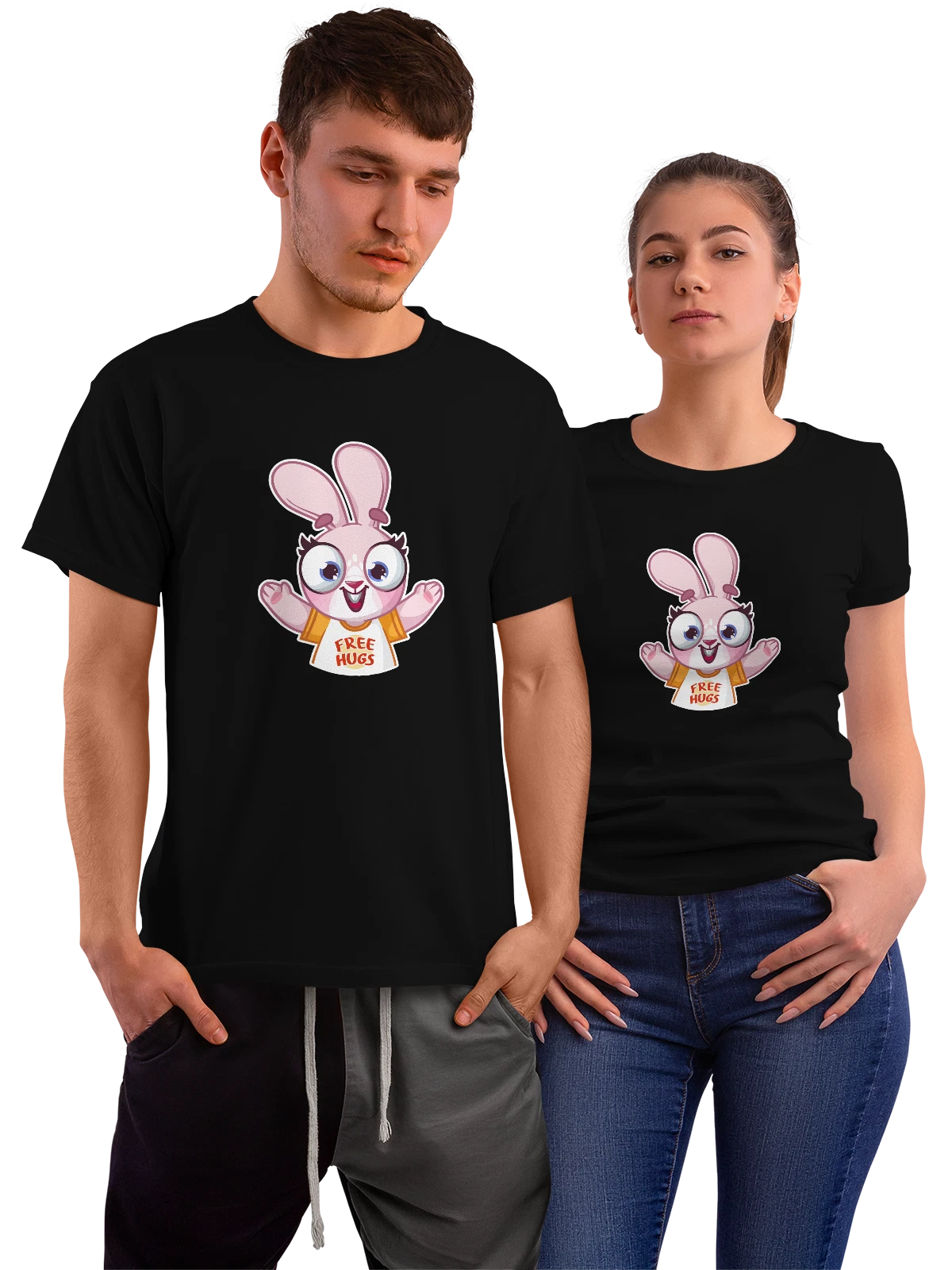 Футболка с зайчиком Рози free hugs чёрная с принтом — лесное животное — Чёрная, фото 1