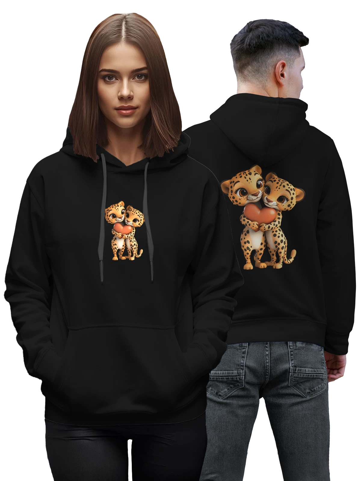 Худи Два милых детеныша гепарда с сердцем чёрное с принтом — сердце — Чёрная, фото 1