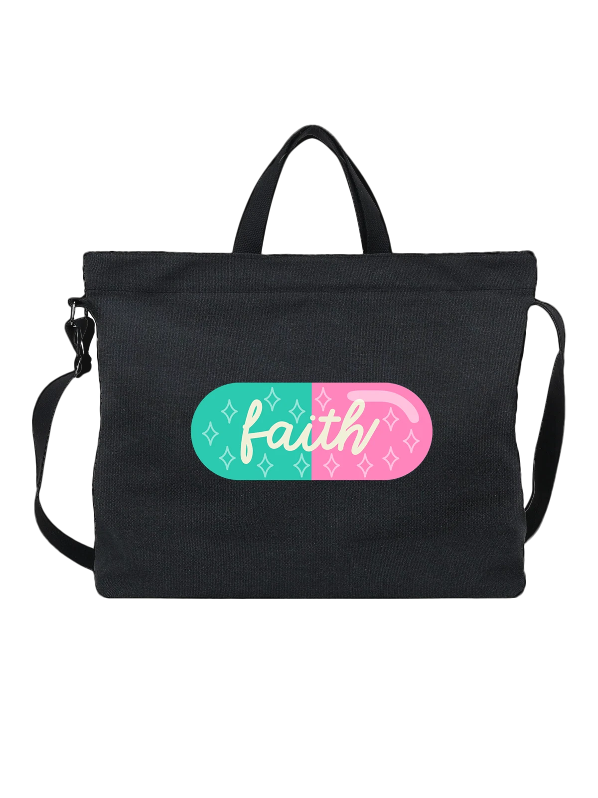 Сумка чёрная с принтом Надпись faith на бирюзовом и розовом фоне — каллиграфия — Чёрная, фото 1