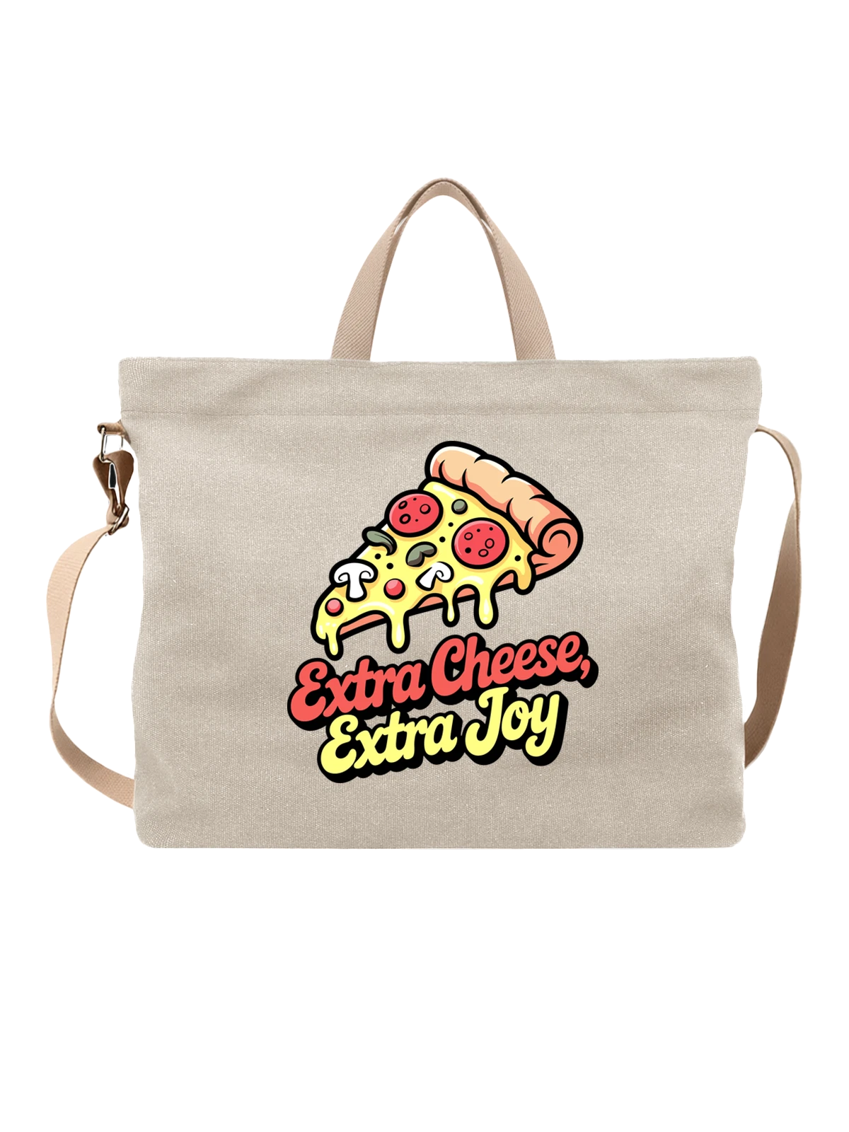 Сумка бежевая с принтом Кусок пиццы с сыром и пепперони Extra Cheese Joy — фастфуд — Бежевая, фото 1