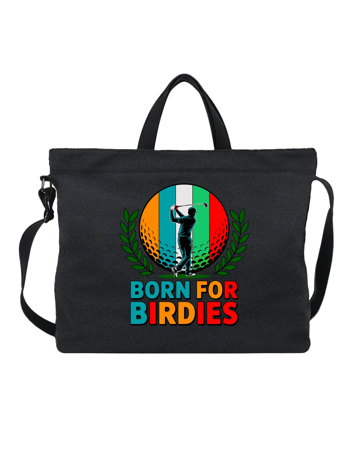Сумка чёрная с принтом Гольфист силуэт Born for Birdies среди листьев — спорт — Чёрная, фото 1