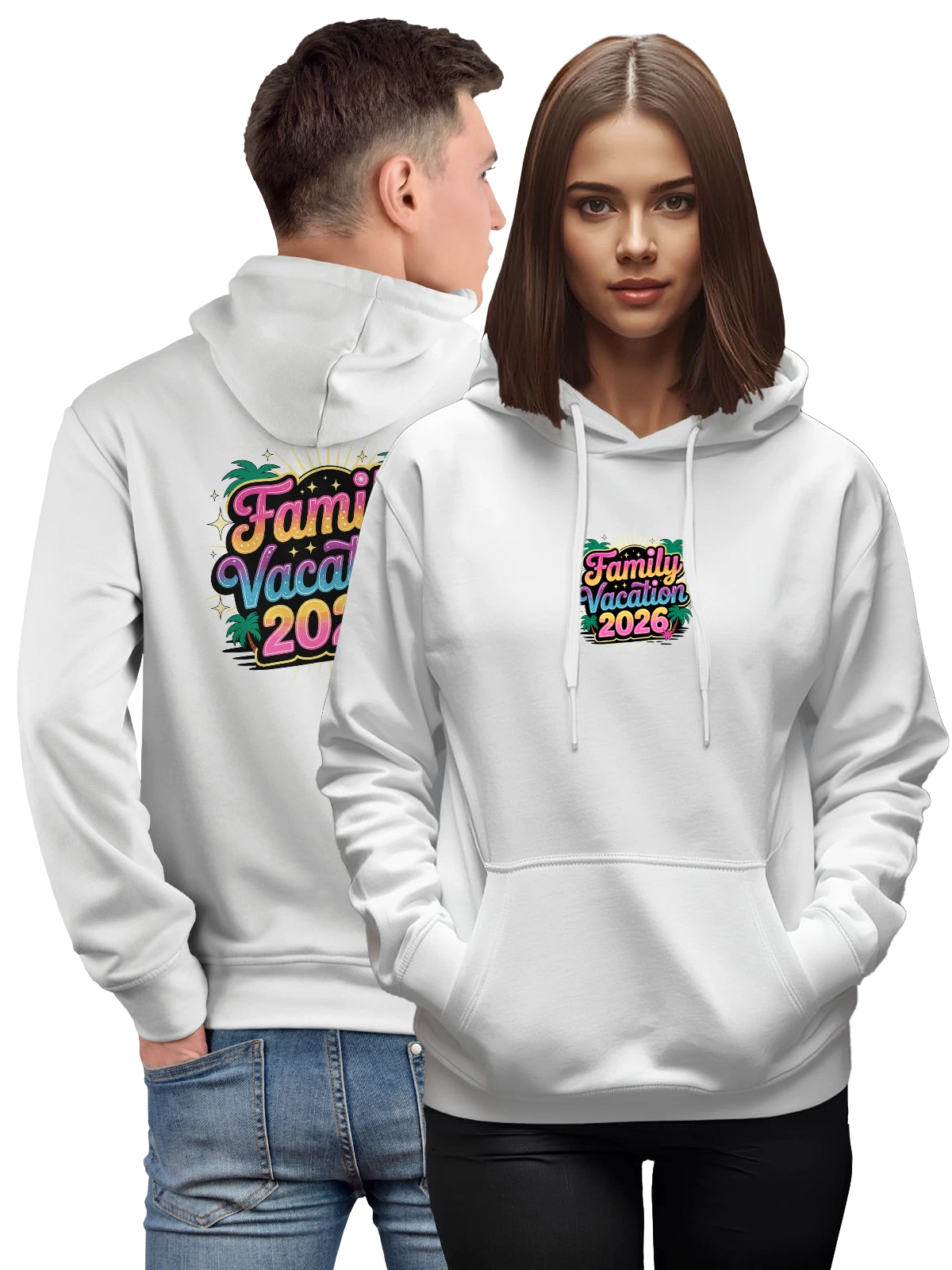 Худи Family Vacation 2026 с пальмами и звездами белое с принтом — пляжная тема — Белая, фото 1
