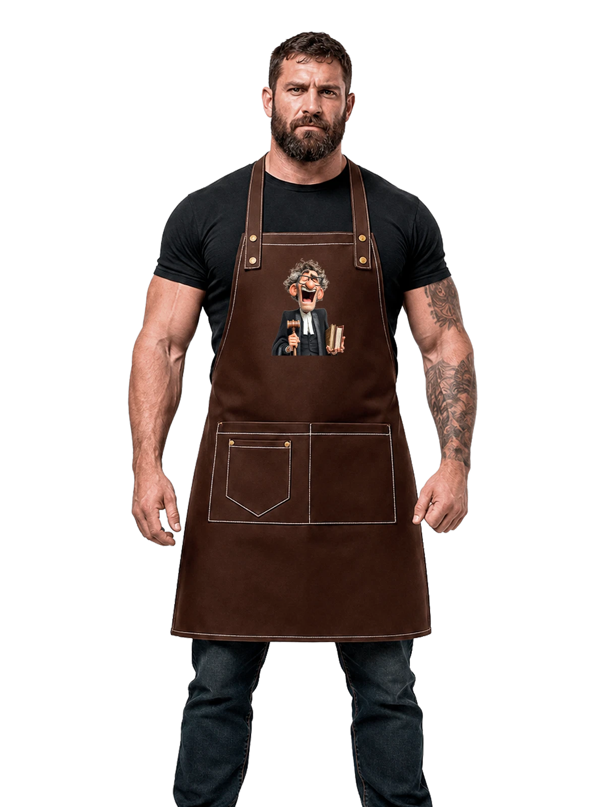 Фартук коричневый с принтом Смешной судья с молотком и книгой — правосудие — Коричневый, фото 1