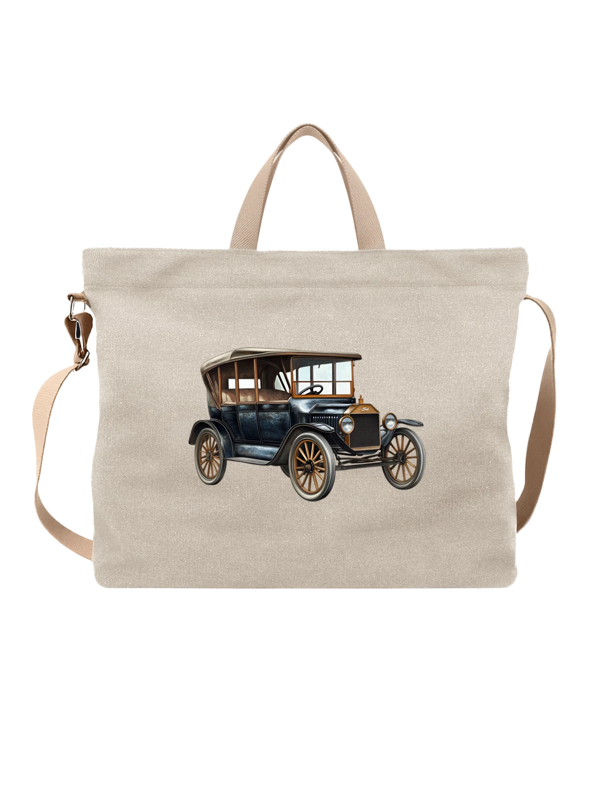 Сумка бежевая с принтом Ретро Ford Model T с закрытым кузовом — спицевые колеса — Бежевая, фото 1