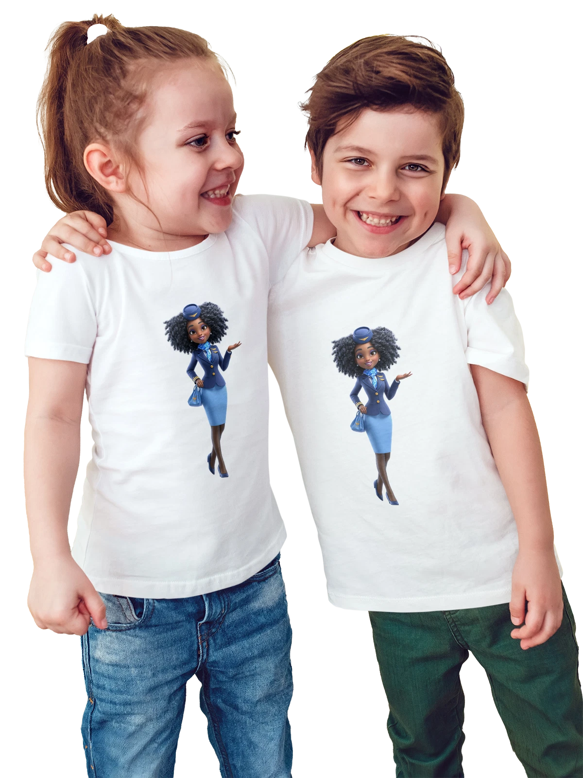 Футболка детская Стюардесса с чемоданом и голубой формой белая с принтом — девушка стюардесса — Белая, фото 1