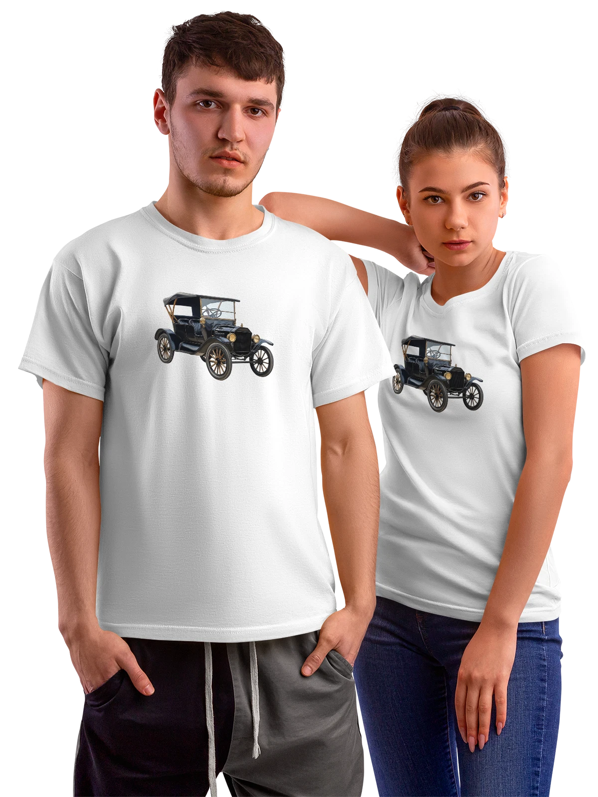 Футболка Ретро автомобиль Ford Model T черный белая с принтом — антикварная машина — Белая, фото 1
